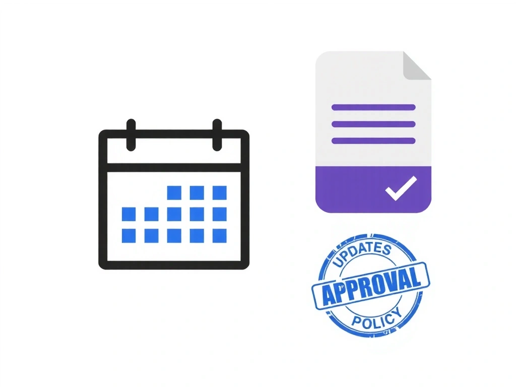 Ilustración de un calendario y un documento con un sello de aprobación, simbolizando las actualizaciones y el consentimiento de la política de cookies.