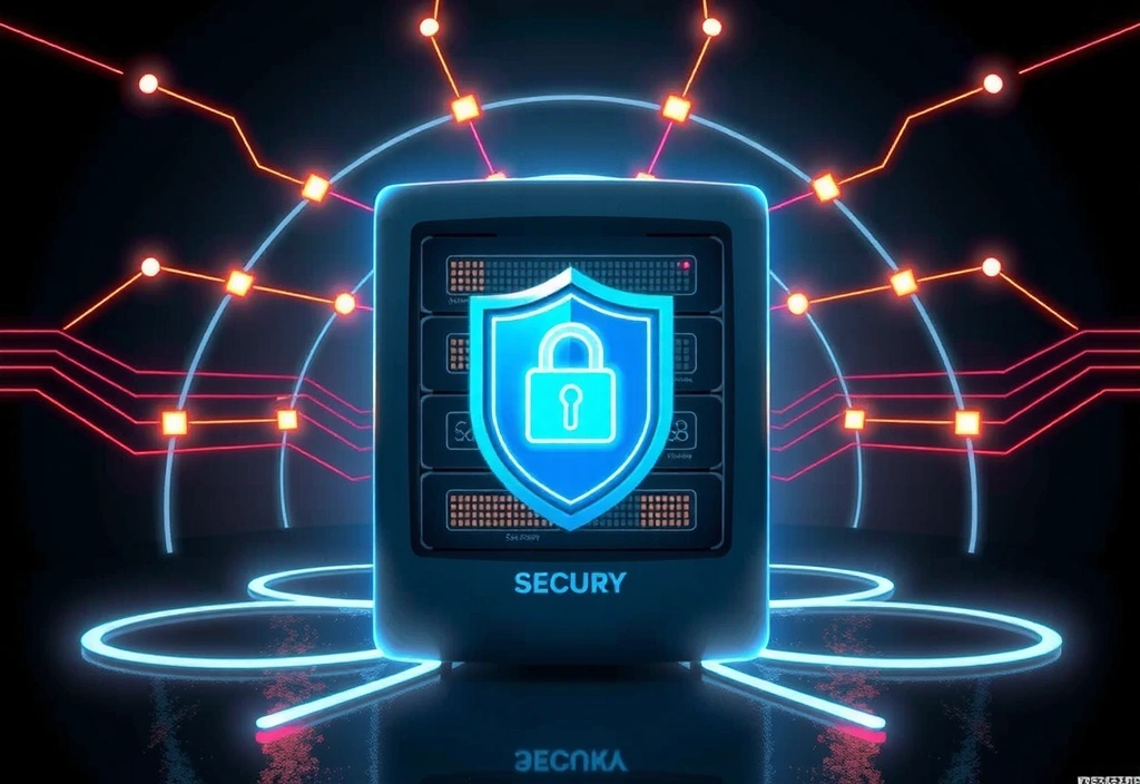 Ilustración de un servidor con múltiples capas de seguridad y un firewall digital