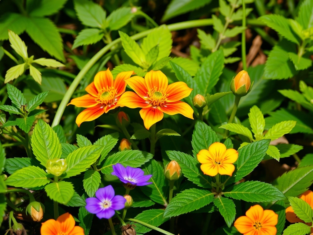 Ilustración de un paisaje natural exuberante con diversas plantas medicinales